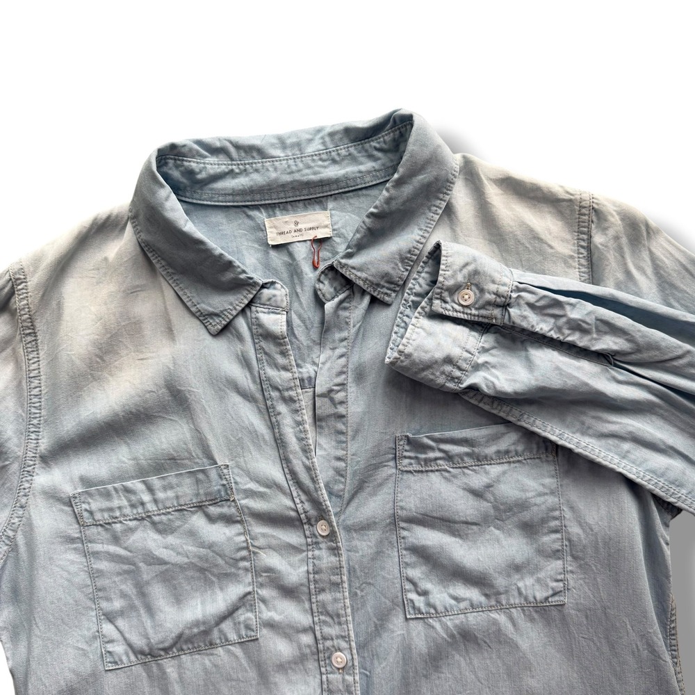 Thread and Supply Women S Light Blue Lyocell Denim Long Sleeve Button Down Shirt